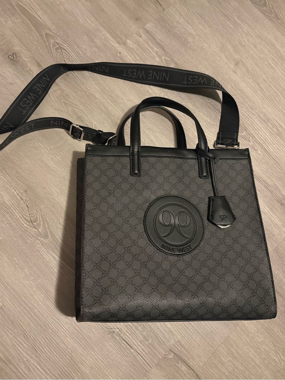 Nine West Black Monogrammed Leatherette Messenger Tote